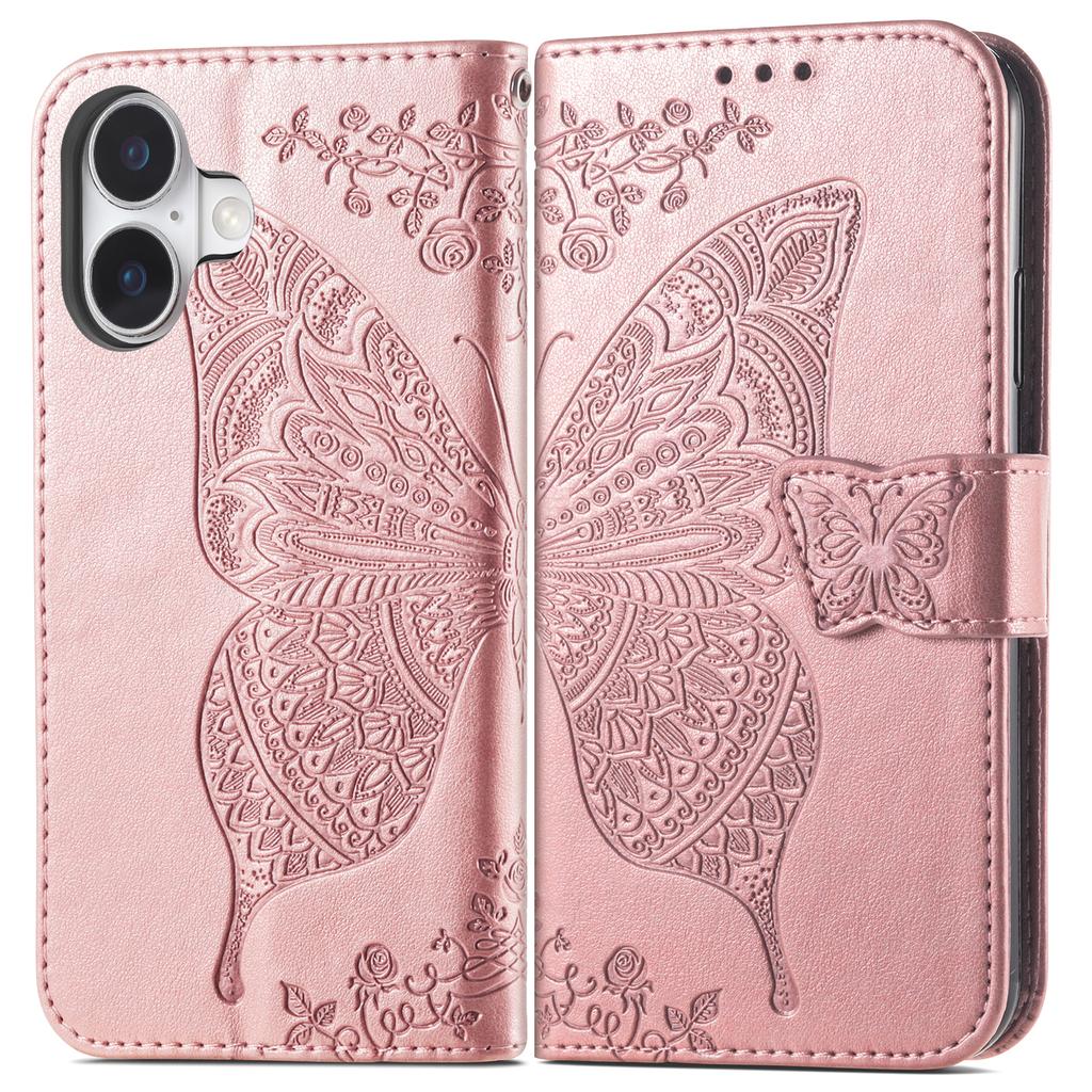For iPhone 17 Case with Strap Butterfly Pattern PU Leather Wallet Phone Cover