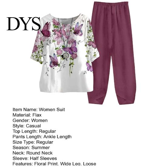 Spring And Summer Printed Outfit 2 Pcs/Set Women T-shirt Pants Set Homewear Floral Print Round Loose Style Sleepwear Neck Half Sleeve Top Wide