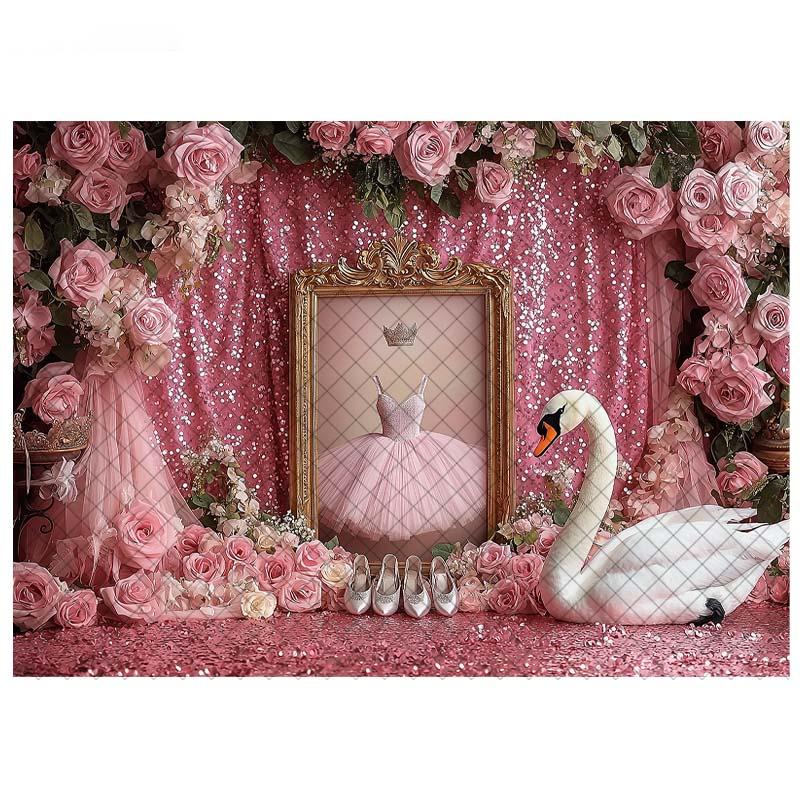 LS Fotografie Hintergrund Ballettschläppchen Schwan Rosa Vorhänge Dekoration Mädchen Prinzessin Geburtstagsparty Cake Smash Foto Kulisse Studio