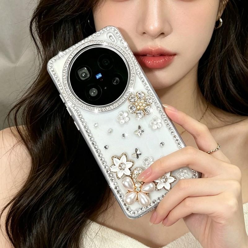 Bling Silver Diamond Case For Xiaomi 17 Ultra 17 Pro Max 13 14 15 Ultra 14T 15T 15s Pro Glitter Rhinestone Flower Acrylic Cover