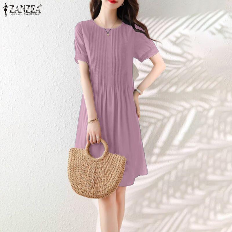 ZANZEA Vestido de Verano Casual para Mujer con Cuello Redondo y Manga Corta