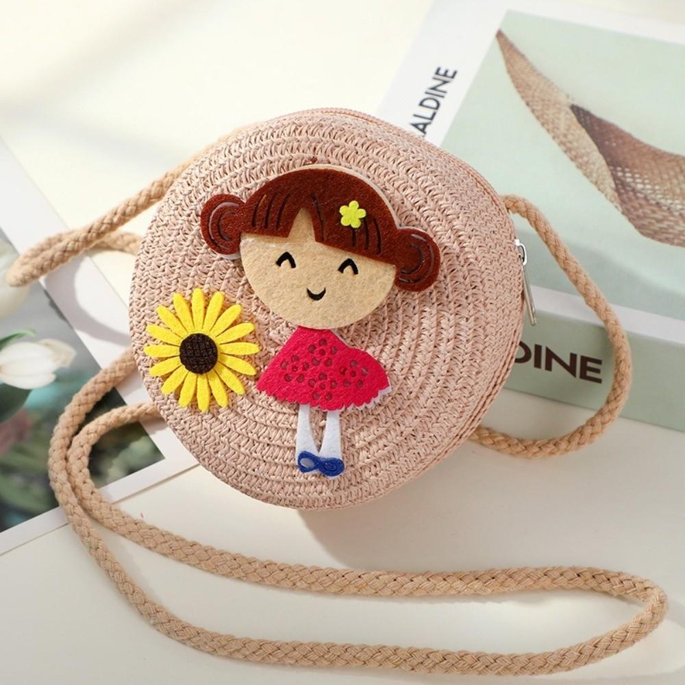 Creative Handmade Woven Straw Shoulder Bags Cute Lightweight Crossbody Bag Flower Beach Bag for Children