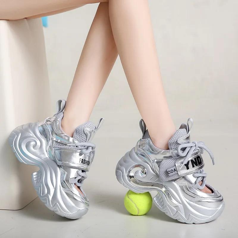 Fashion 8cm Summer New Shiny Sequins Chunky Platform Sneakers Women Breathable Lace Up Height Increase Shoes Woman Fashion Cute Sneakers