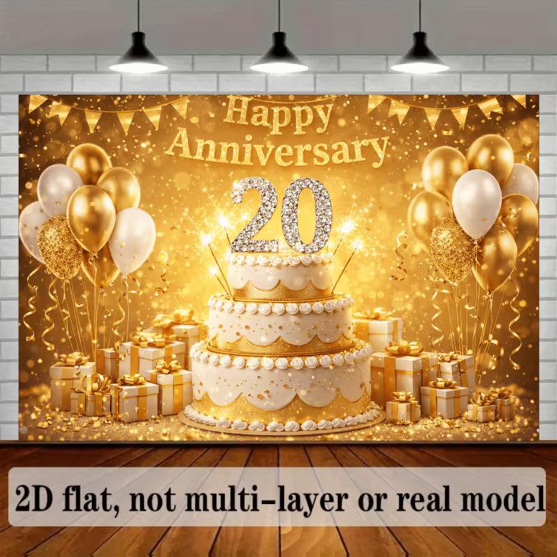 Sfondo 2D Oro per il 20° Anniversario con Torta, Regali e Striscione Scintillante