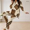 Women Plus Size Beige Brown Printed Half Zip Long Sleeve Longline Top And Fitted Pants Two Piece Set