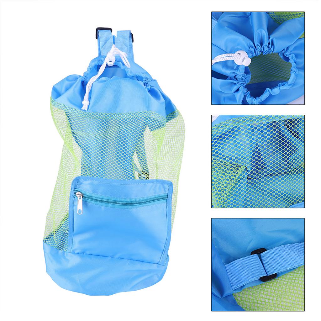 Portable Children Kids Mesh Drawstring Backpack Outdoor Beach Toy Storage Bag (Blue)