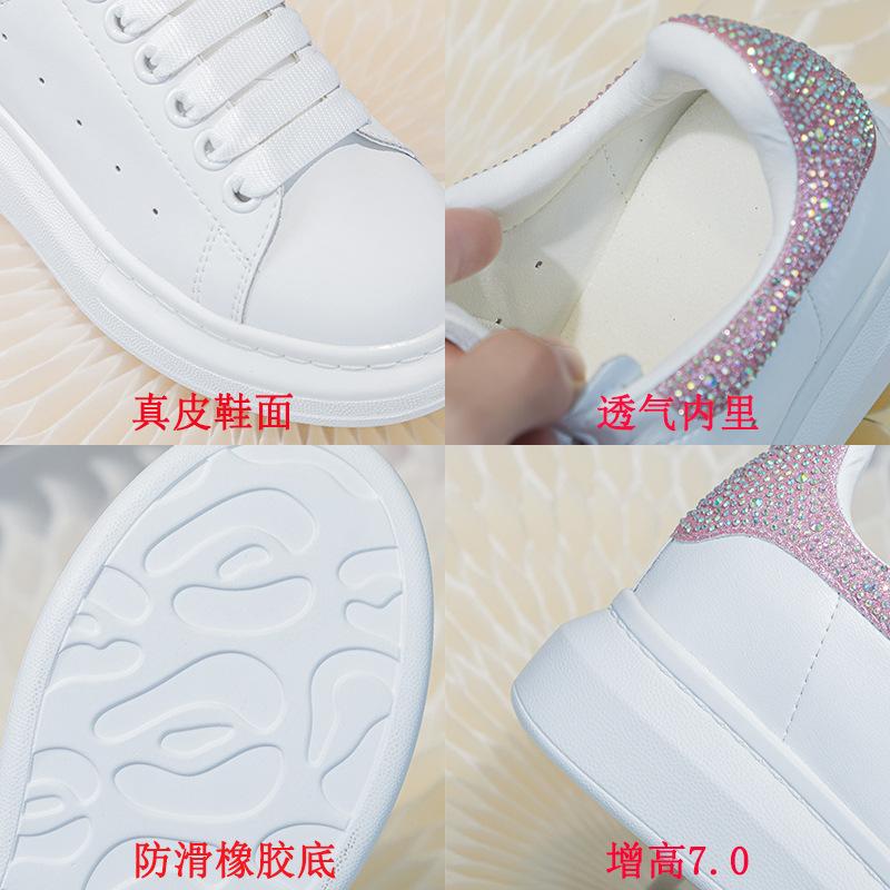 Leather Thick-soled Inner Height-increasing Women's Shoes Spring Versatile Sports and Leisure Single Shoes Round Head Student Rhinestones