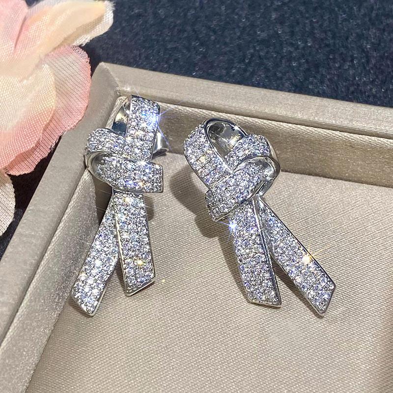 925 Sterling Silver Bow Stud Earrings for Women Sparkling Crystal Cubic Zirconia Temperament Accessories Female Jewelry