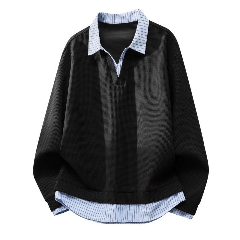 

Men s Waffle Knit Fake Two-Piece casual fashion Polo Sweatshirt M