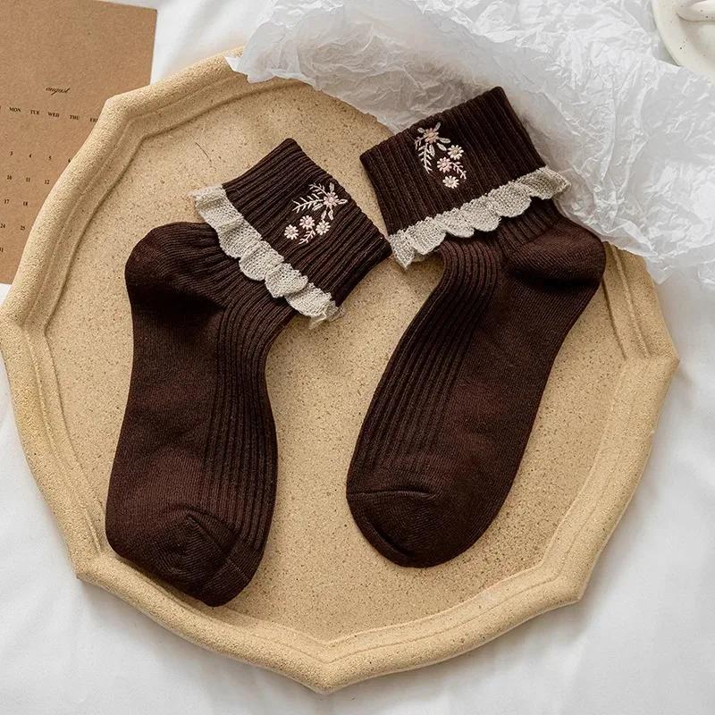

Children s Cuffs Mid Tube Socks Autumn and Winter Styles Version Socks Simple Cute Trend Versatile Lace Pile Socks Absorb Sweat 35-39 кавовий