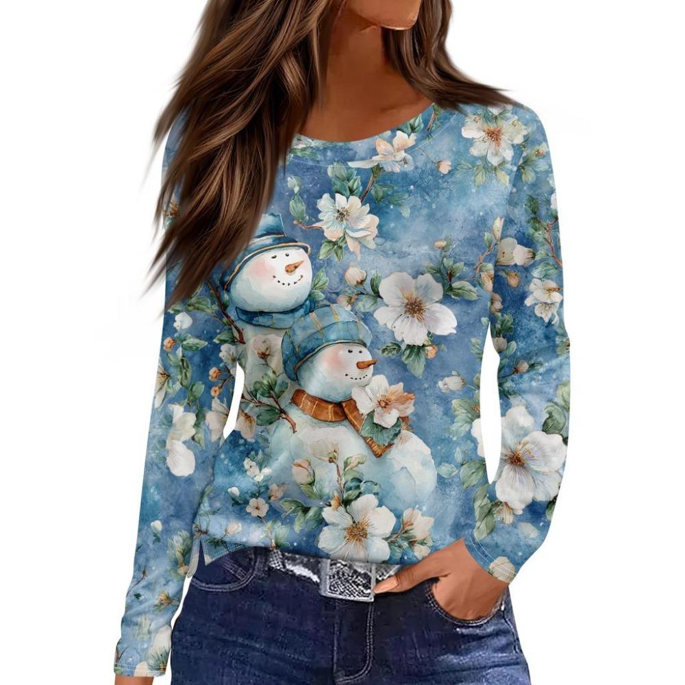 Women's 3D Floral Snowman Print Round Neck Long Sleeved Shirt