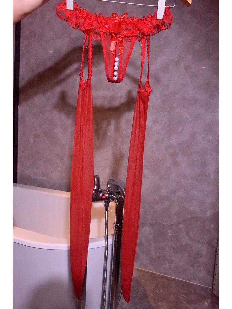 Sexy schwarze Spitzen-Strumpfhalter-Strümpfe ohne Schritt mit Perlen - Ultradünne, Overknee-Verführung