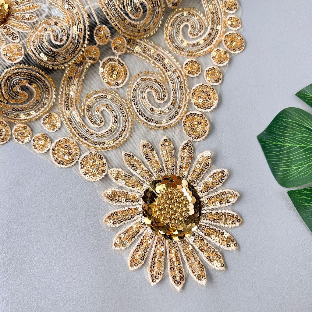 Gold Heavy Industry Mesh Bead Sequin Embroidery Patch Accessories Dress Performance Clothes Decorative Front Collar Cloth Stickers Accessories