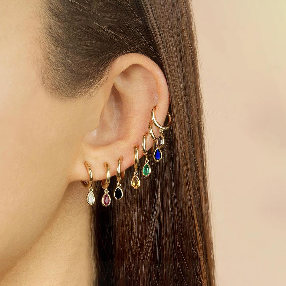 2207ER2 S925 Sterling Silver Teardrop Hoop Earrings Muti Color Zircon CZ Circle Round Loops Crystal Women Piercing Earring