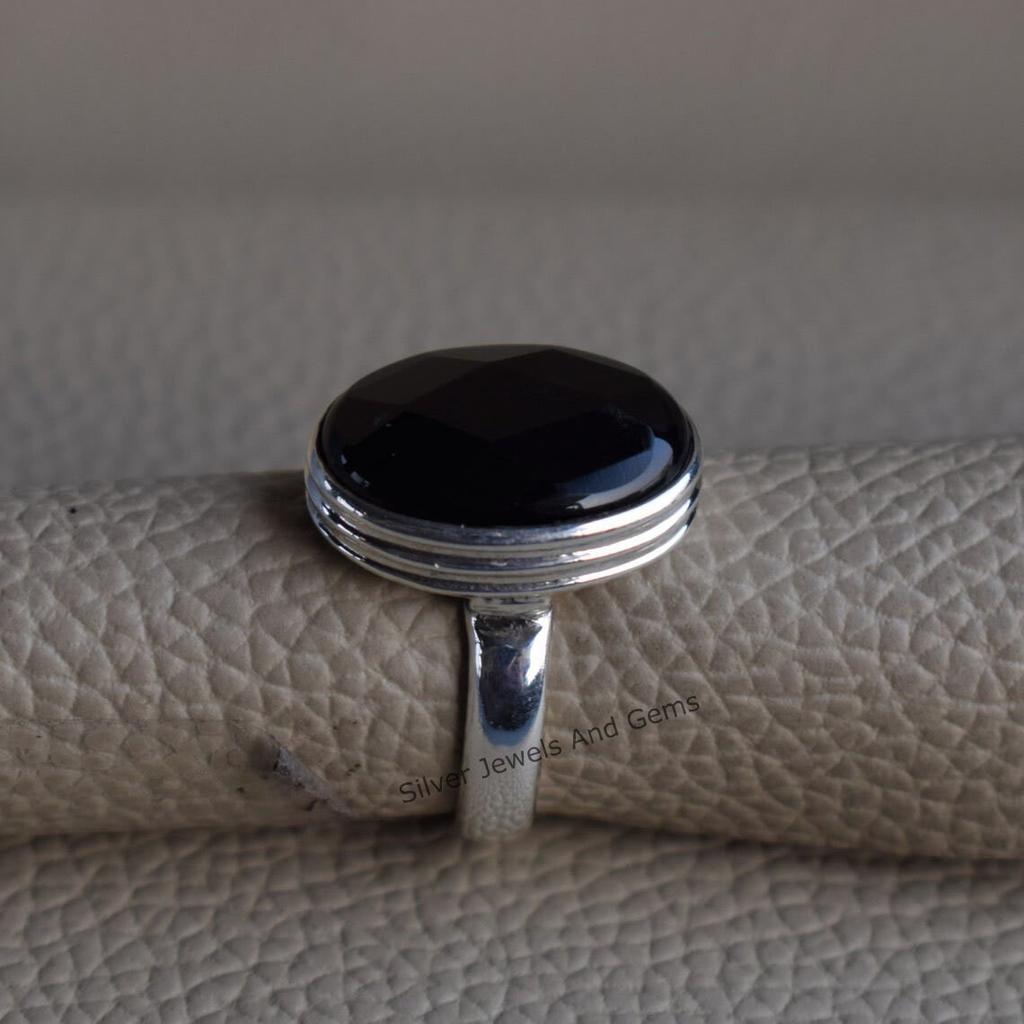 Faceted Black Onyx Ring: Handmade 925 Sterling Silver, December Birthstone