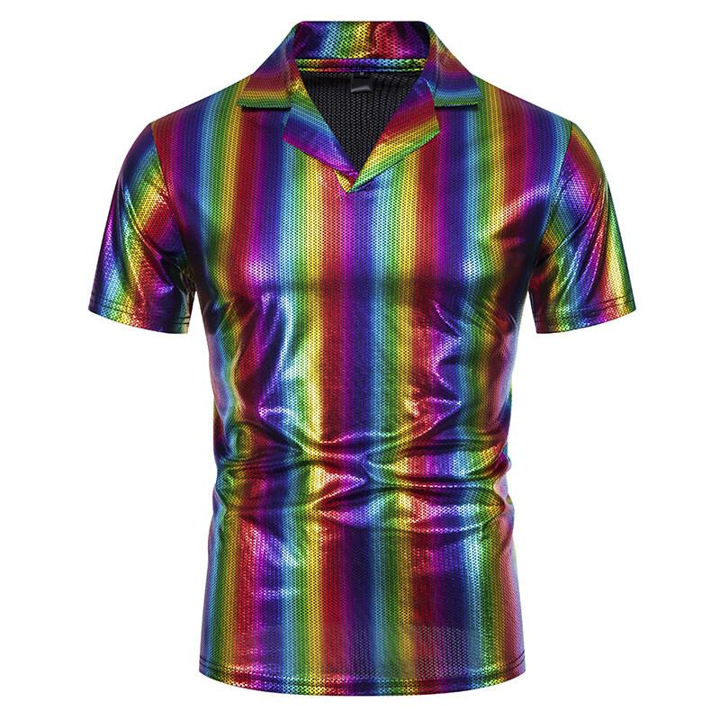 Summer Men's Short Sleeve Polo Shirt Shiny Metallic Streetwear Lapel T-shirts Men Gold Stage Costume Disco Party NightClub Tops