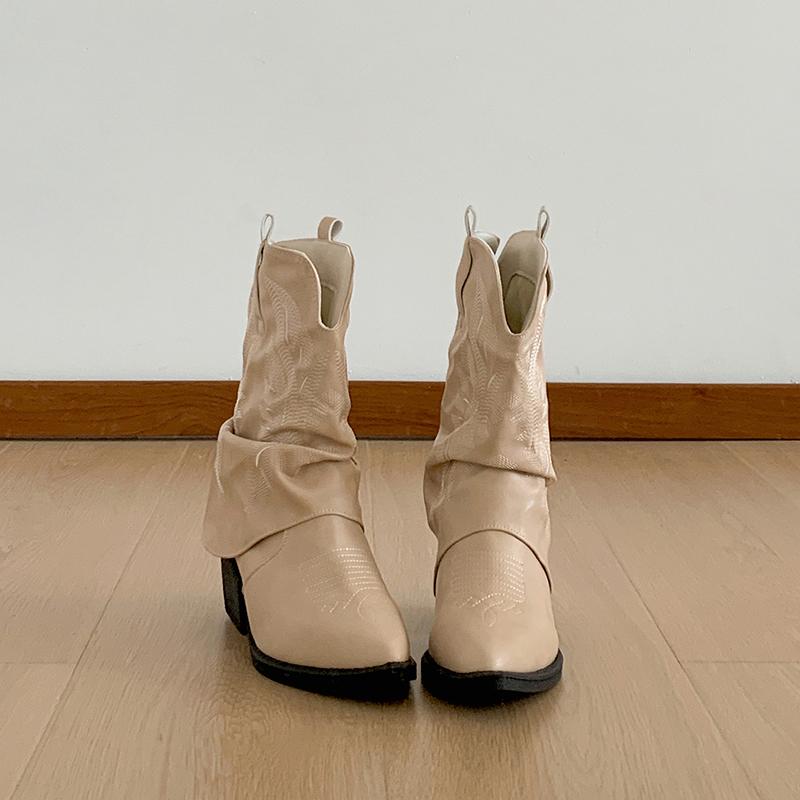 Fashion Vintage Pointed Toe Thick Heel Woman Western Cowgirl Boot Casual Slip On Short Booties Autumn Winter Hottie Shoes