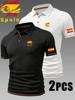 2pcs Spain Pattern Men's Outdoor Golf Casual Polo Shirt with Short Sleeves & Color Block, Men's Work Shirts for Business Casual for Spring and Summer