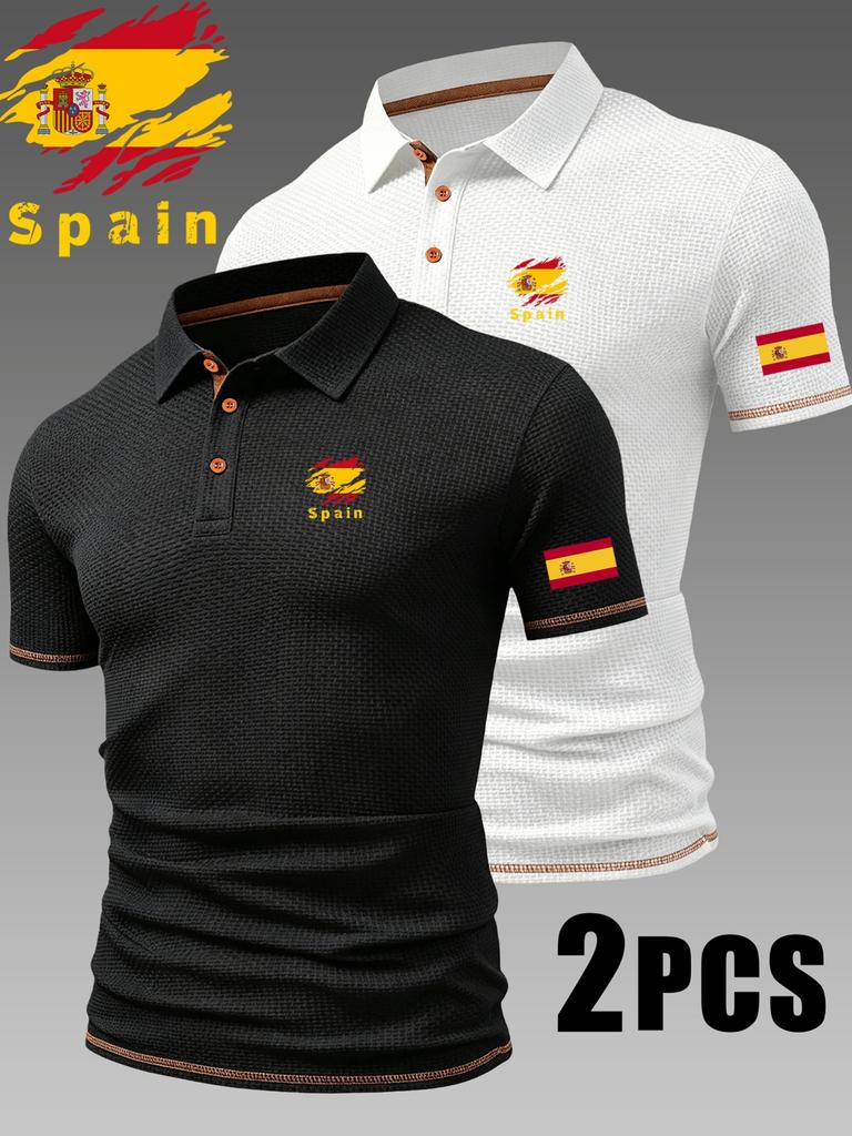 2pcs Spain Pattern Men's Outdoor Golf Casual Polo Shirt with Short Sleeves & Color Block, Men's Work Shirts for Business Casual for Spring and Summer
