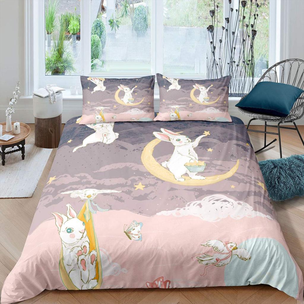 Kids Cartoon Rabbit Carrot King Queen Duvet Cover Boys Girls Cute Bunny Bedding Set Animal Quilt Cover Polyester Comforter Cover