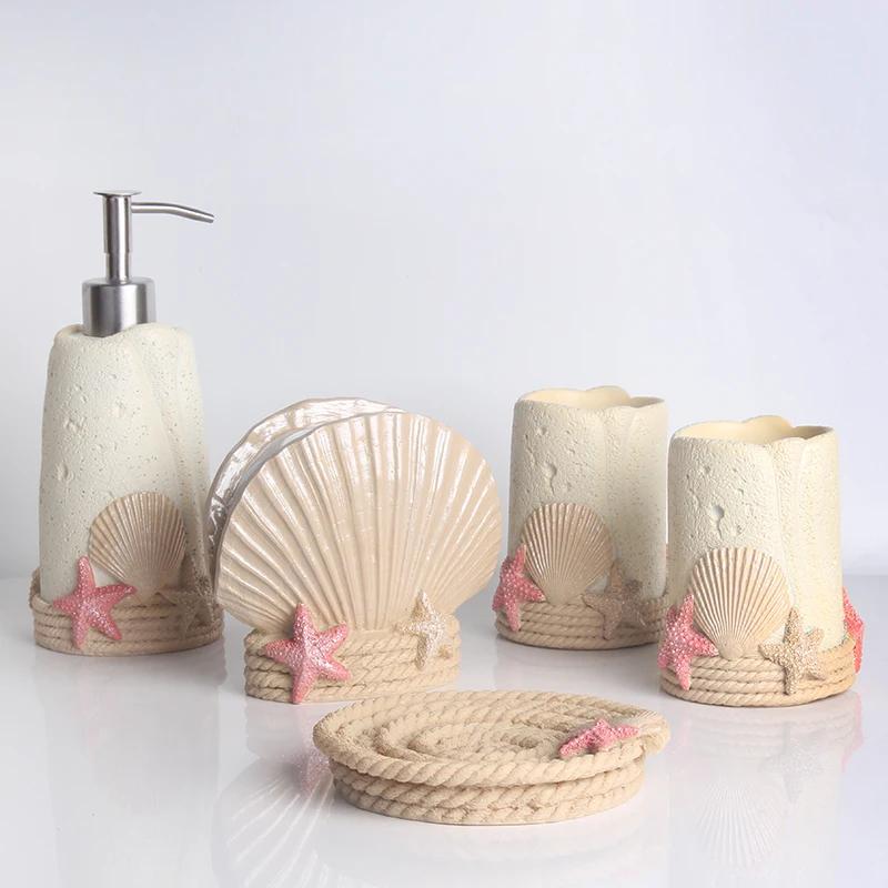 Summer Style Resin Bathroom Accessories 5 Pcs/set Portable Soap Dispenser Beach Shells Lotion Bottle Toothbrush Holder Soap Dish