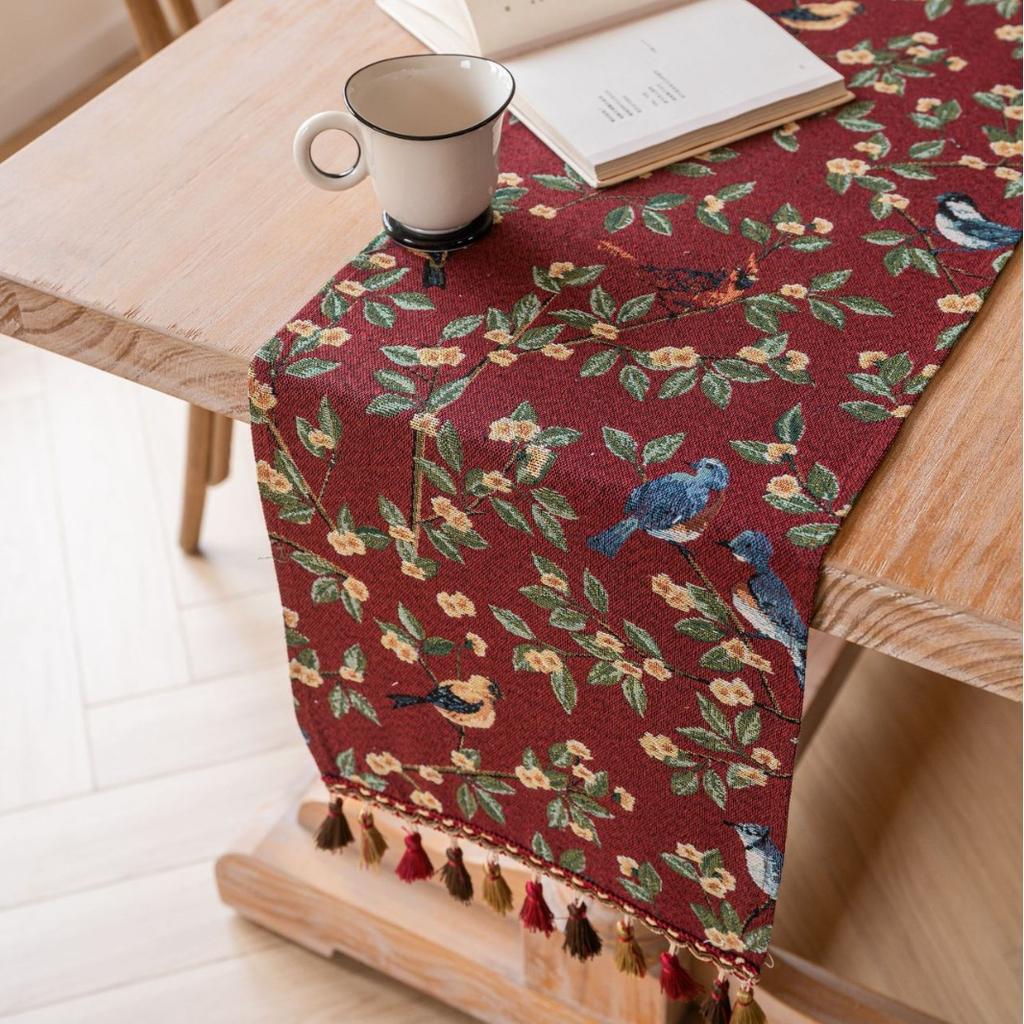 Tassels Retro Table Runner,Jacquard Jujube Red Oriole Pattern Table Decor, Floral Table Decoration for Christmas Kitchen Dining Home Party Festival