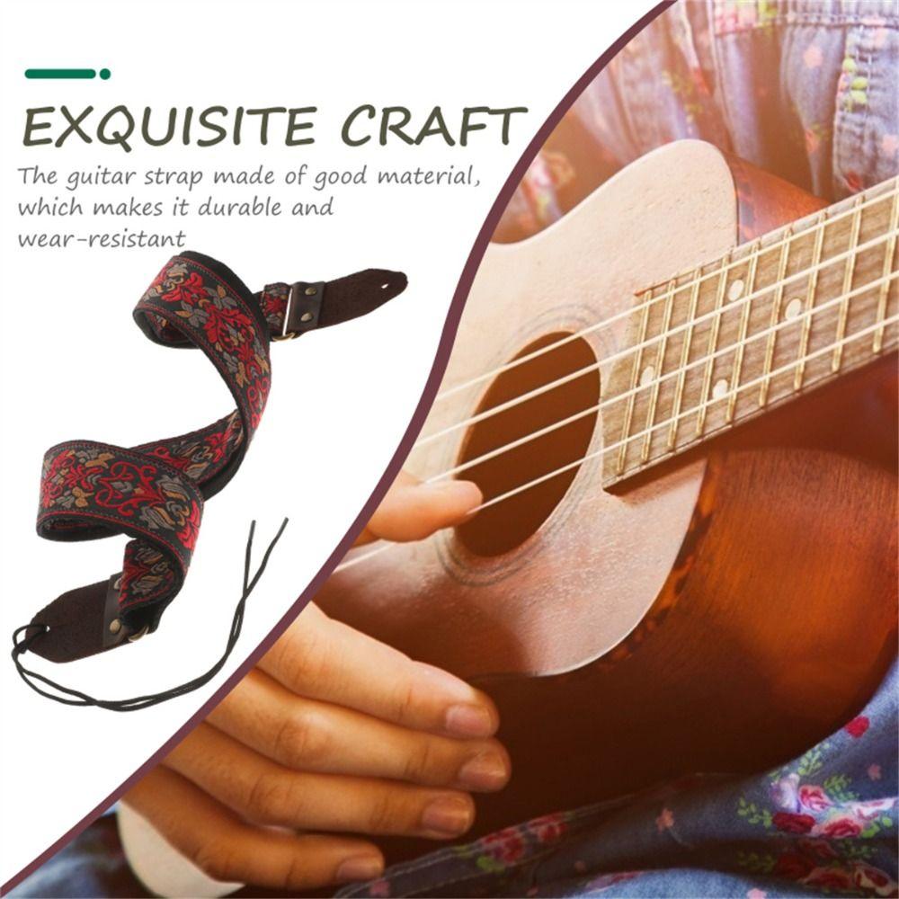 Vintage Flowers Embroidered Guitar Strap Leather Head Electric Guitar Belt Acoustic Bass