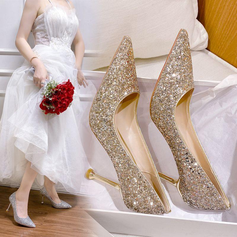 Fashion thin heels high heels not tired feet wedding shoes French bride wedding shoes high sense sequins bridesmaid shoes 2025 new