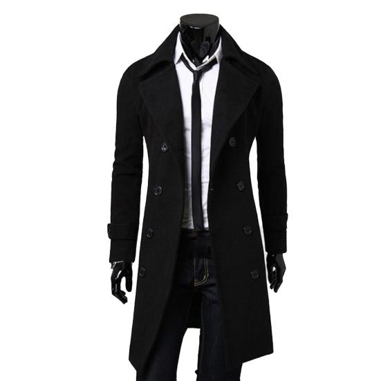 Long Trench Coat Double-breasted Solid Color Autumn Winter Windproof Thick Jacket for Daily Wear