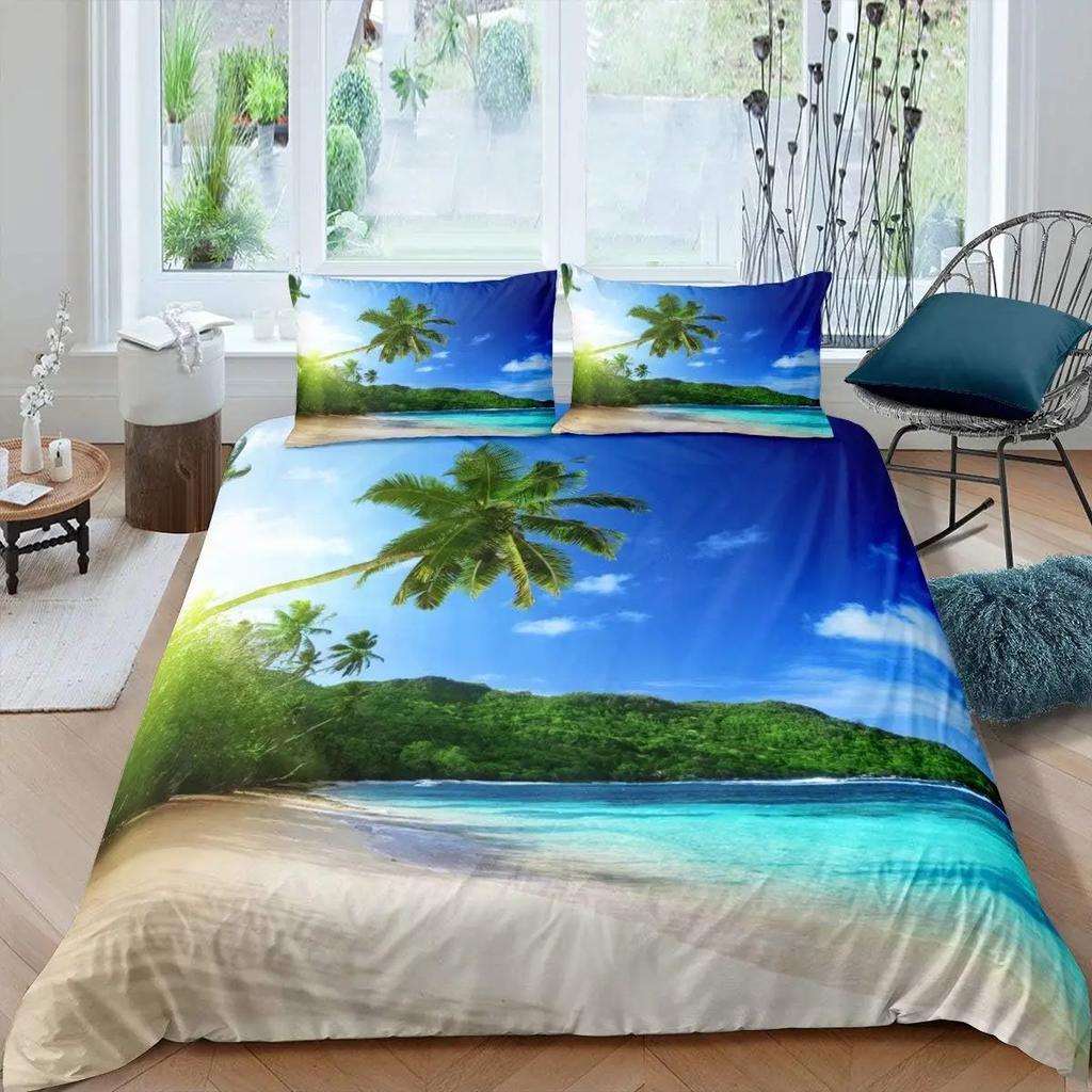 Ocean Theme Beach Duvet Cover Queen King Sunset Tropical Palm Tree Waves Comforter Cover Hawaii Natural Landscape Bedding Set