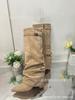 2025 women's shoes pointed straight pleated metal buckle medium long boots large size thick heel trouser tube boots