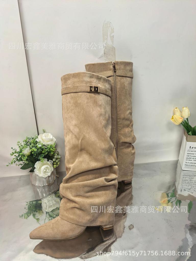2025 women's shoes pointed straight pleated metal buckle medium long boots large size thick heel trouser tube boots