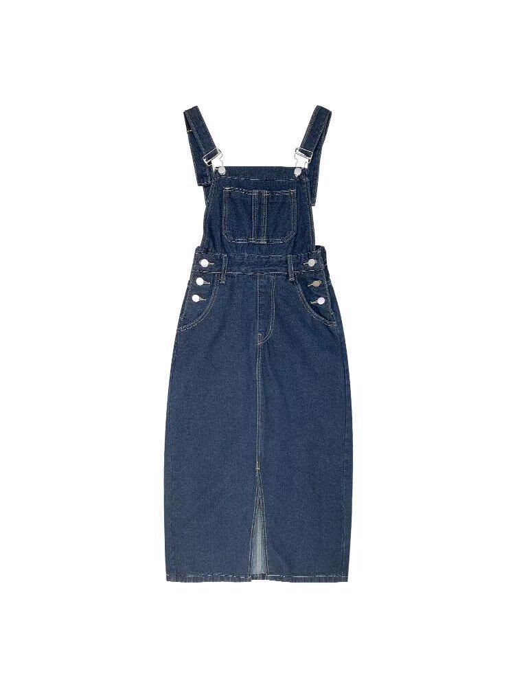 Women's High-Waist Denim Overall Dress - Cute, Retro, Slimming Slit Design for Spring/Summer 2025