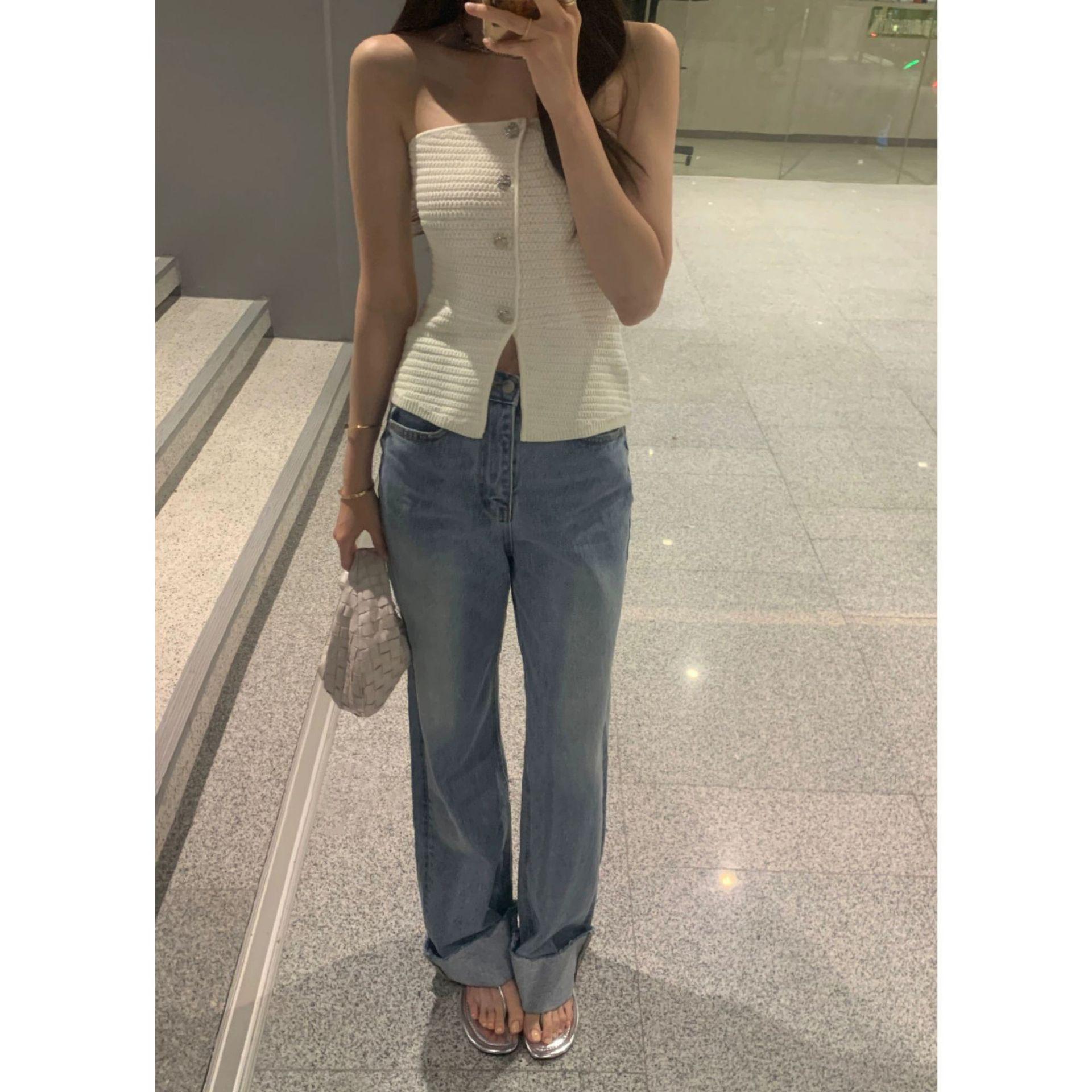 

2025 Summer Korean Designer Casual Frayed Rolled-Up Loose Fit Washed Denim Jeans Medium