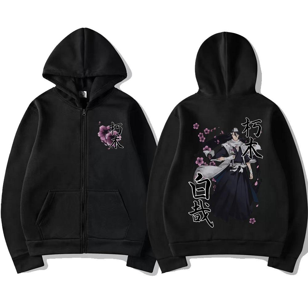 

Аниме Блич Кучики Бьякуя Худи на молнии с вишневым цветом Мужская Женская Мода Повседневная Куртка Оверсайз Мужская Флисовая Толстовка S