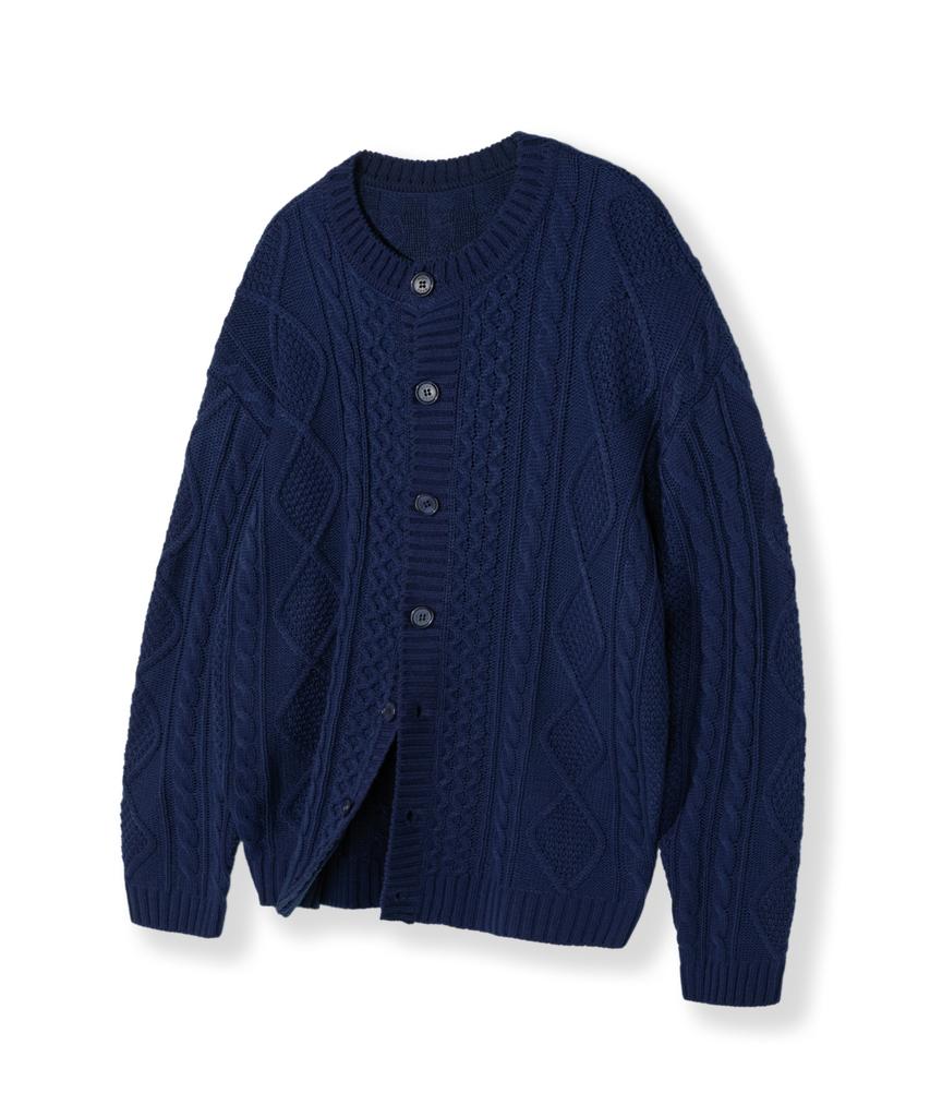 Nodu Fisherman Cable Round Neck Semi-Oversized Long Sleeve Knit Cable Knit Cardigan [Navy]