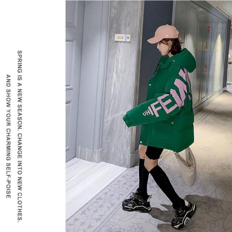Winter Lockere Lässige Daunen Baumwolljacke Mittel und Lang Buchstabenmuster Jacke mit Kapuze All-Match Damen Baumwolljacke