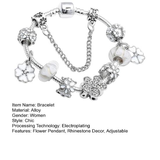 Yousheng Women Bangle Multi Flower Clover Pendant Secure Closure Rhinestone Decor Alloy Adjustable Bracelet Prom Dating Work Wrist Jewelry