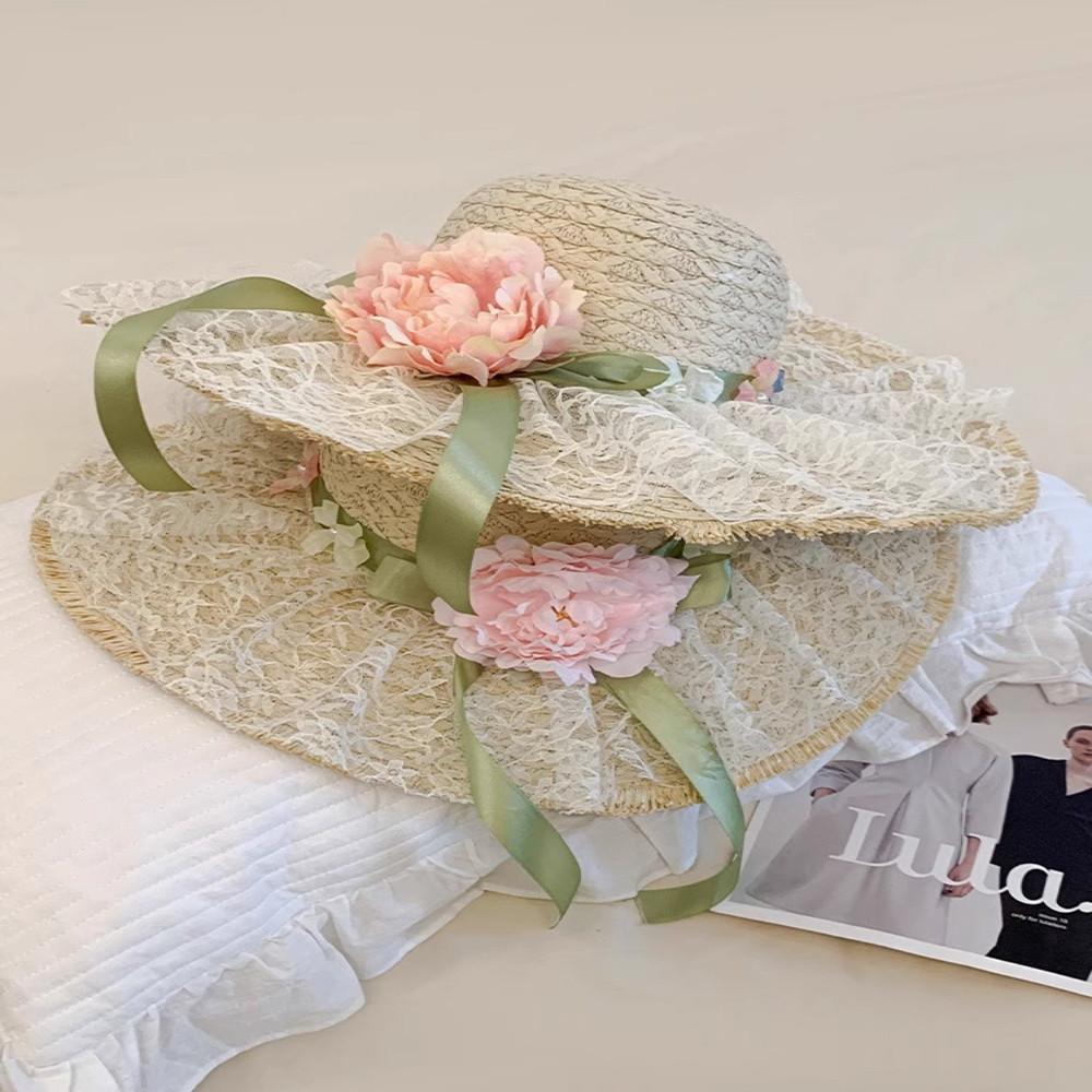 Summer Flower Lace Bow Fresh Straw Hat Women Seaside Vacational Sunshade Beach Hat