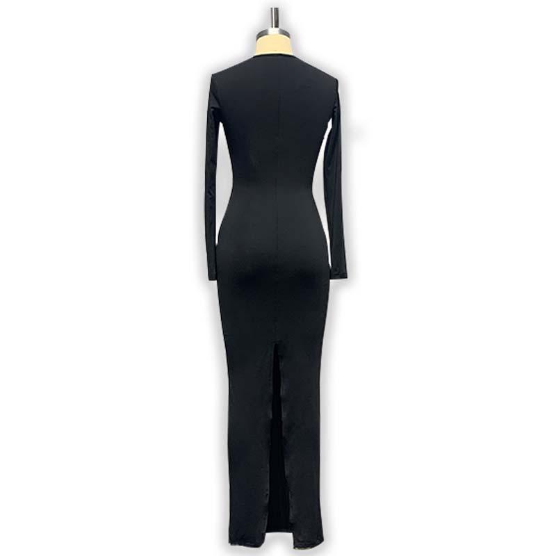Women Long Sleeve Slant Neck Sexy Slim Back Split Dress