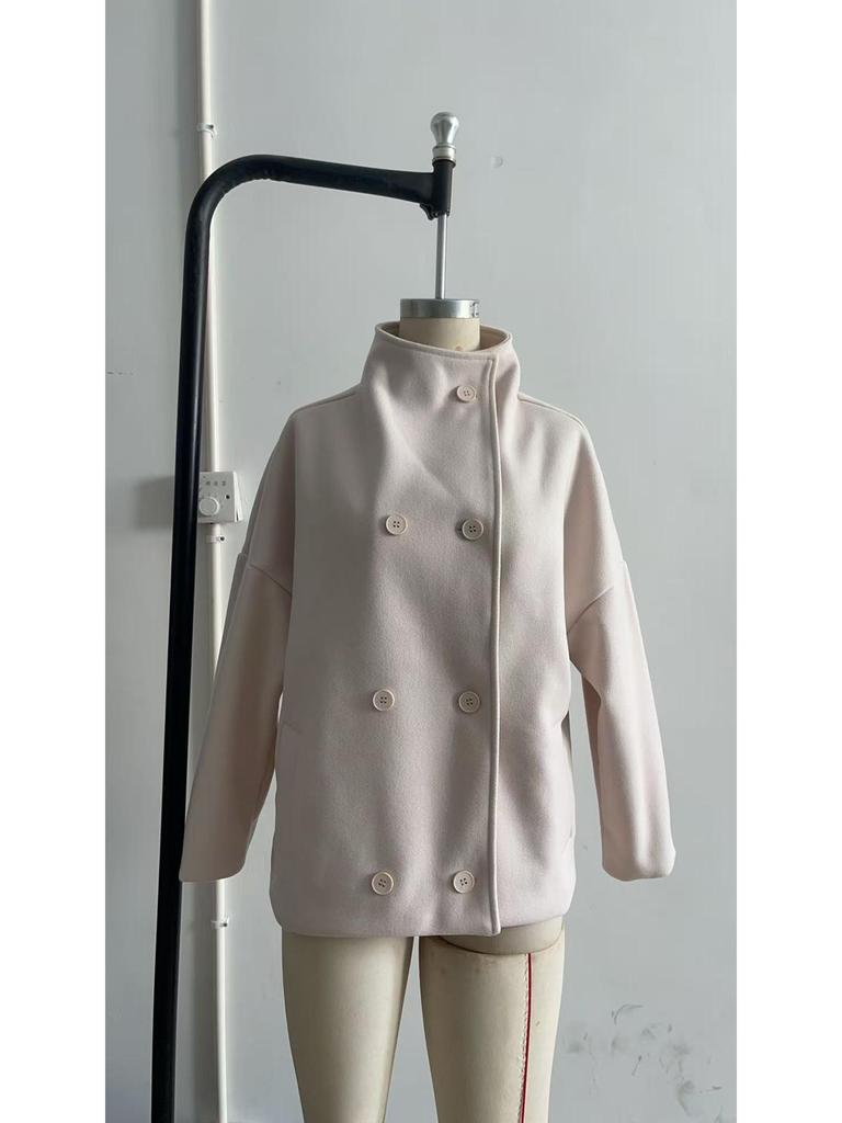 2025 Solid Color Double-Breasted Stand-Up Collar Short Coat - Long-Sleeved, Autumn/Winter