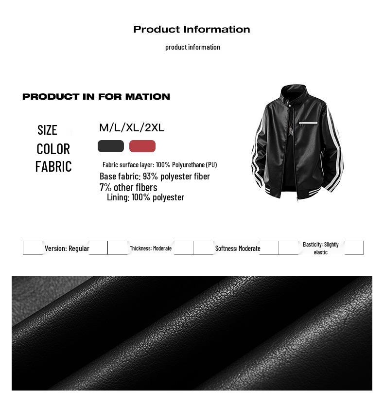 Herren Trendy Lederjacke mit Stehkragen - Lockere Passform, Lässig, Modisch, Bequemes Gewebe mit Schlichtem Linienmuster.