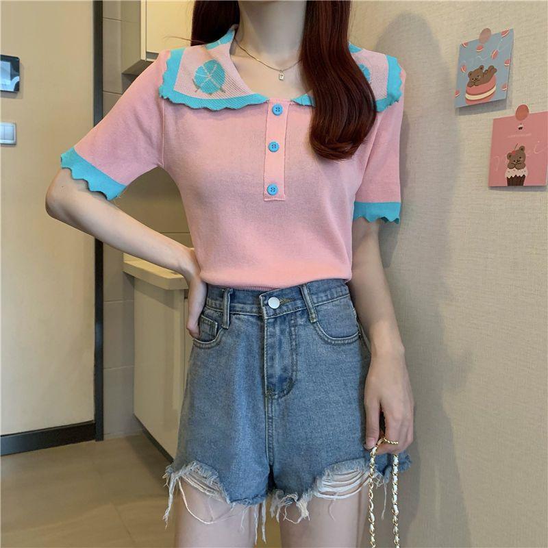 Summer French Academy Color Blocked Short Sleeve Polo Neck Ice Silk Knitted Shirt Short Top for Women