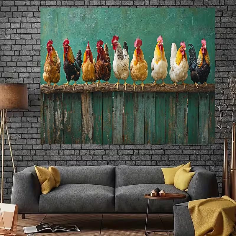 2D Vintage Farm Rooster Backdrop, Rustic Teal Background with Chickens Wall Decor Cloth