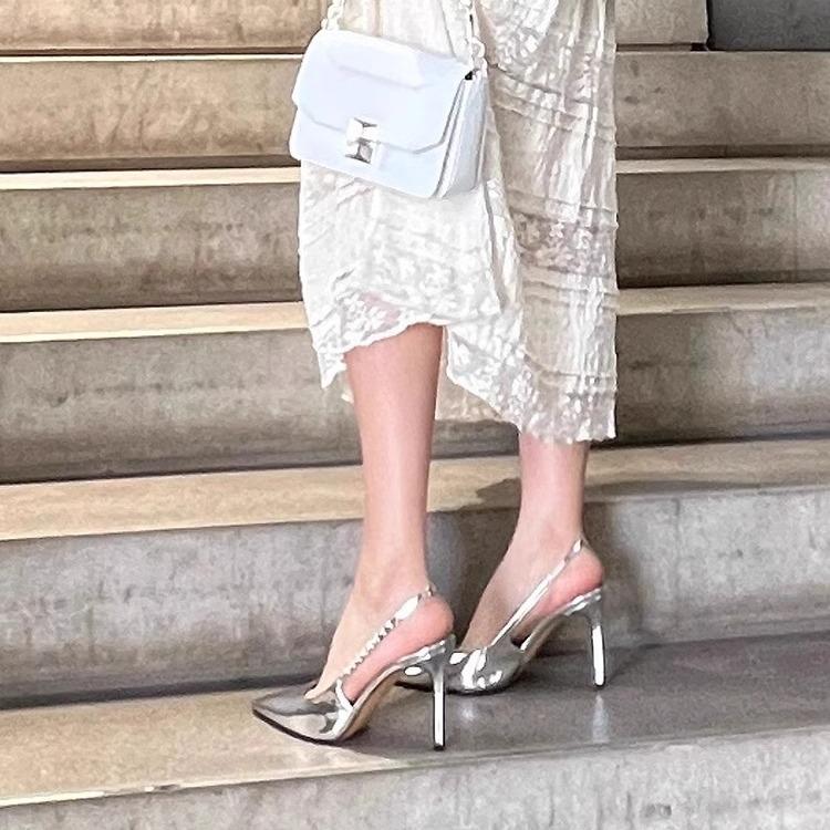 New pointed head shallow mouth rhinestone patent leather silver high heels women's fine heel versatile professional word with bag head sandals summer