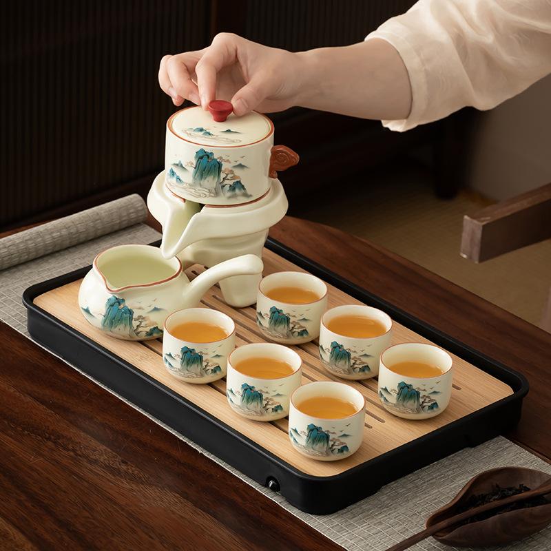 Ru kiln automatic tea set household high-end lazy tea light luxury ceramic stone grinding kung fu teapot teacup tea tray