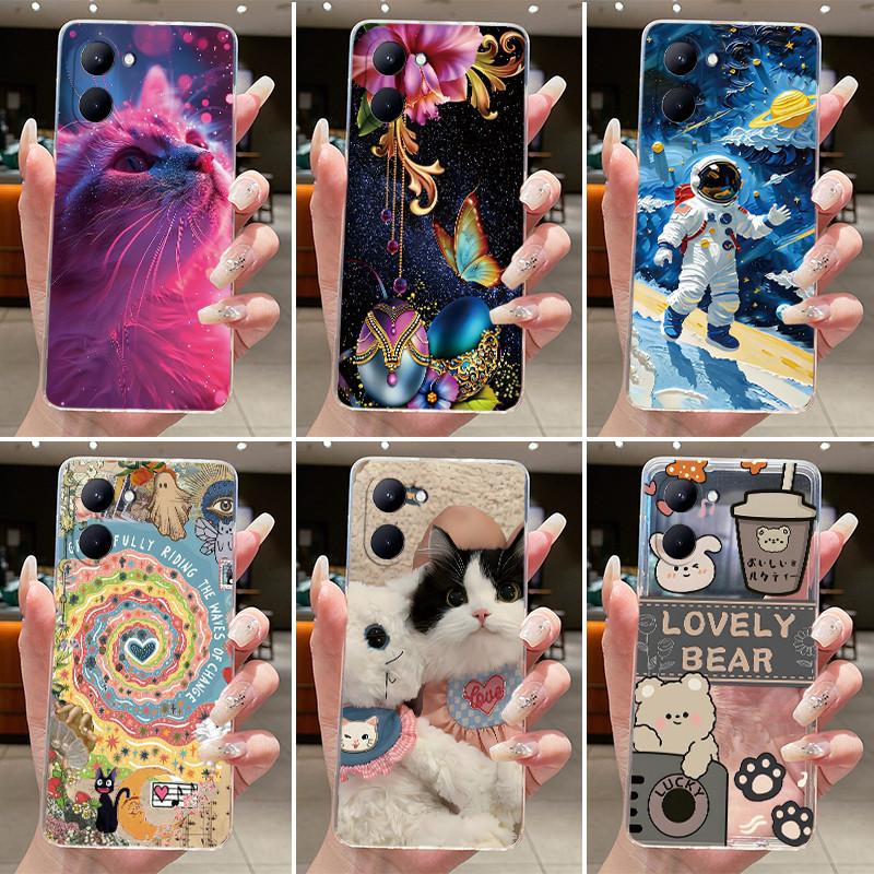 Casing For Realme C33 RMX3624 Case Aesthetic Cute Cat Astronaut Painted Transparent TPU Cover For Realme C33 4G Phone Case Shell