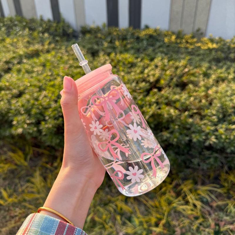 Bow Glass Cute Water Cup Cartoon Bow Glass Cup Striped Cute Doodle Coffee Mug Household Fruit Tea Lemonade Girls Gift