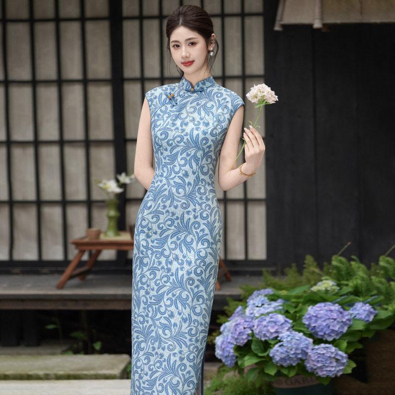 Mavi kolsuz ulusal tarz yeni Çin Suzhou uzun cheongsam geliştirilmiş genç 1011 yeni kadın yüksek hisli yaz