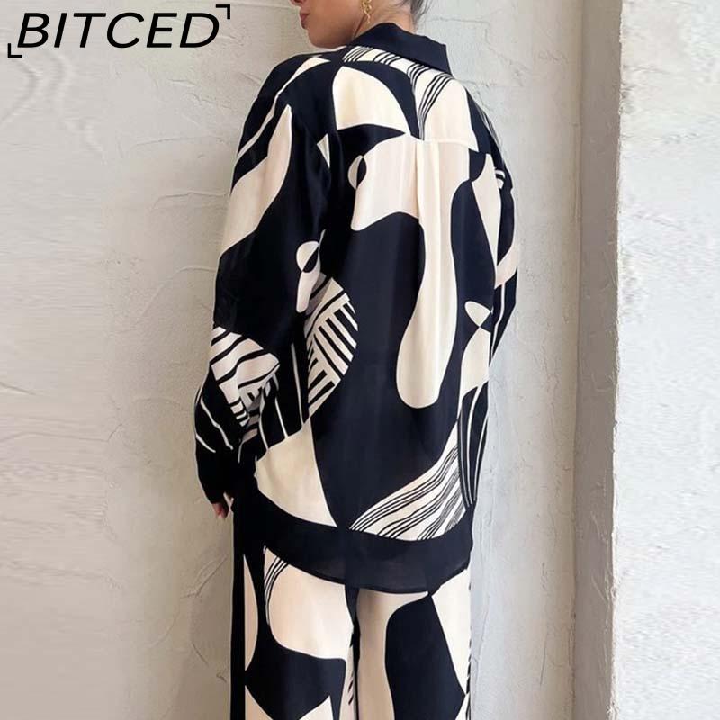 BITCED Damen Frühjahrskollektion: Eleganter Homewear-Stil Bedrucktes Langarm-Oberteil und Hose Lässiges Mode-Set
